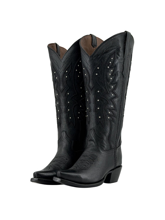 Western Snip-Toe Embroidery Half-Zip Knee High Cowgirl Boots - Black