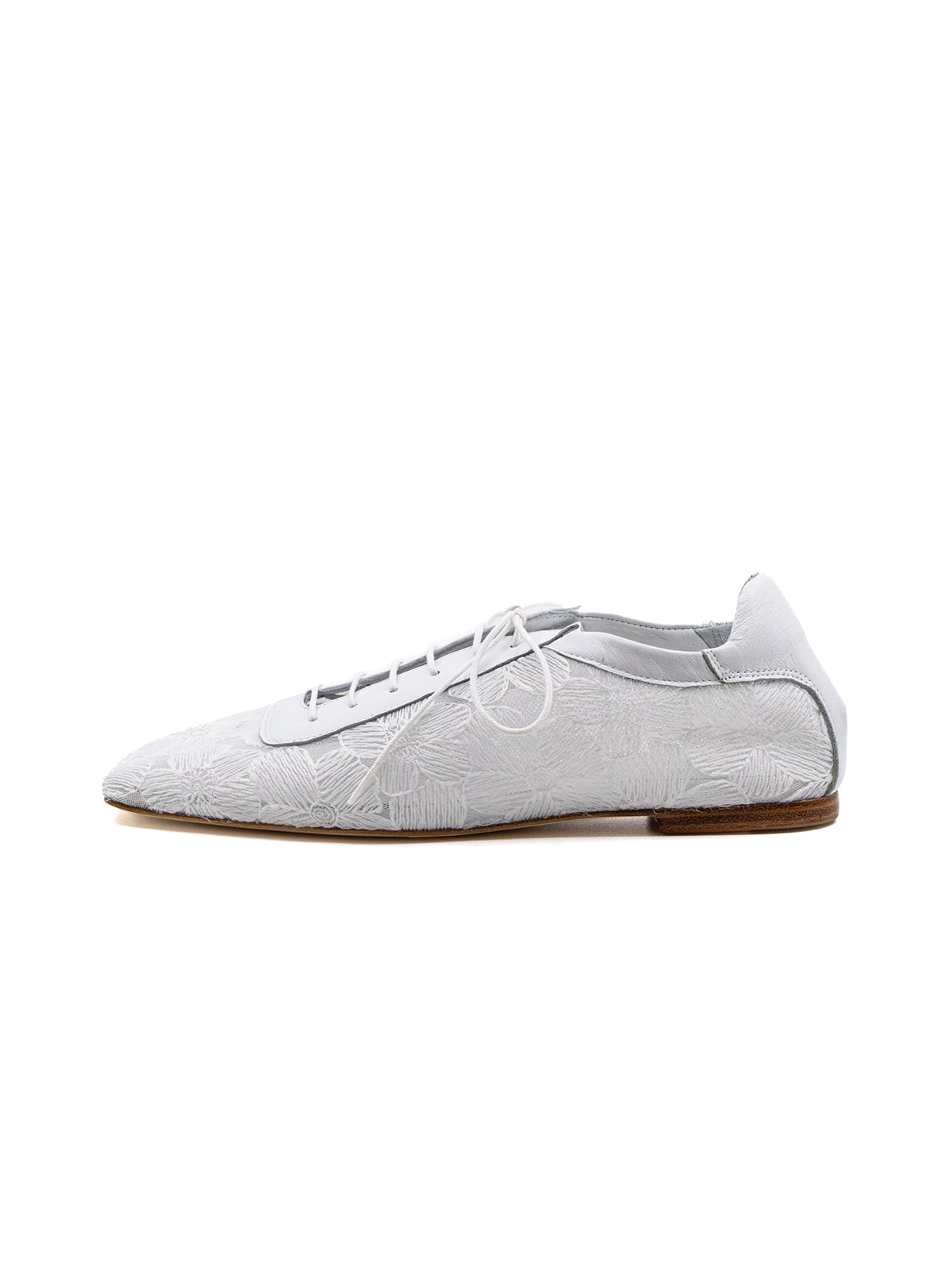 White Mesh And Vegan Leather Square-Toe Lace-Up Chic Flats