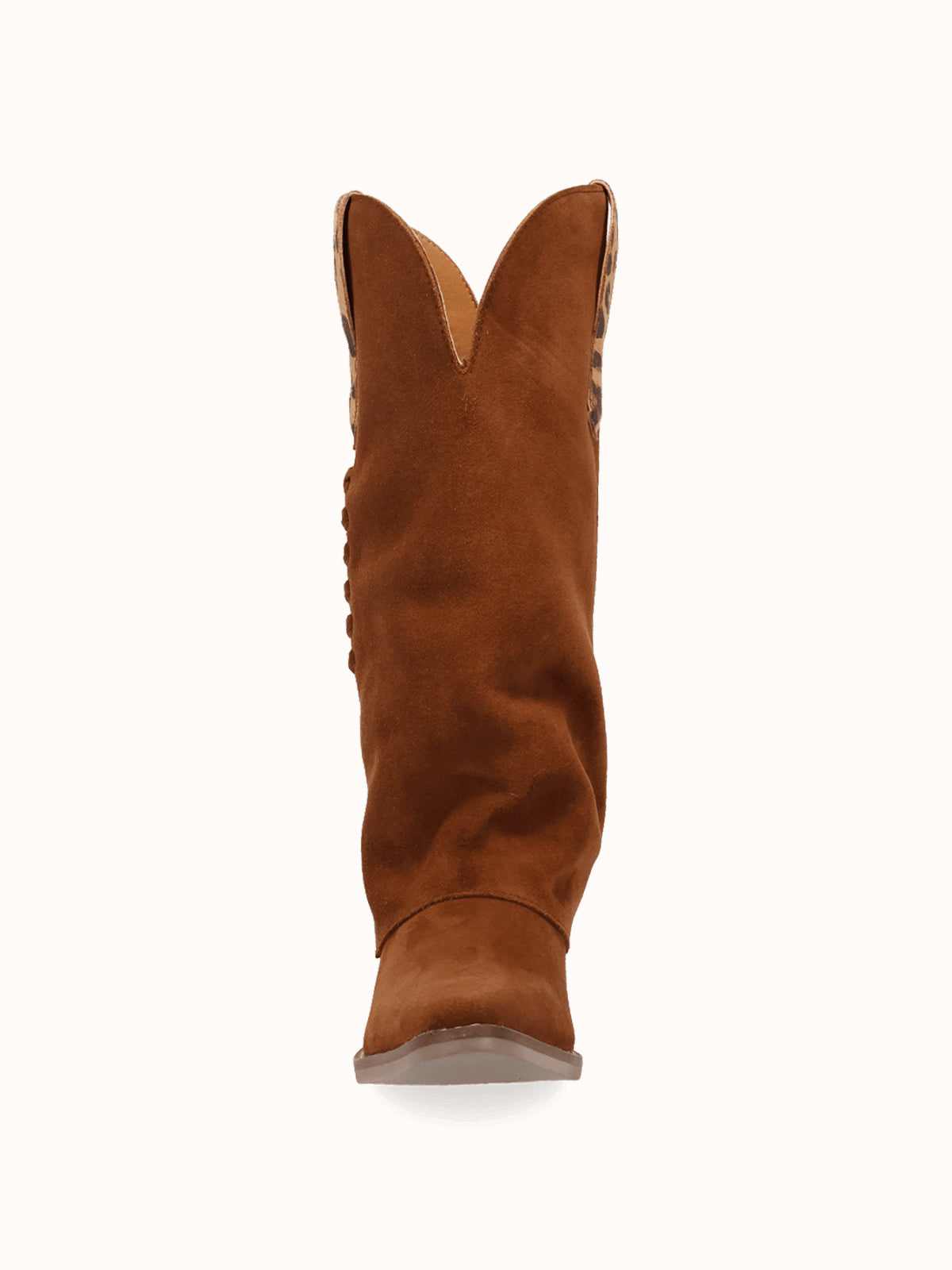 Camel Faux Suede And Leopard Pattern Faux Suede Snip-Toe Fold-Over Wide Calf Knee High Cowgirl Boots