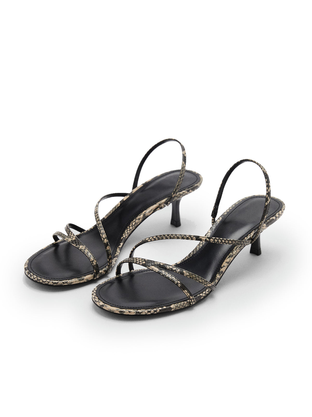 Gray Snakeskin Round-Toe Strappy Kitten Heels