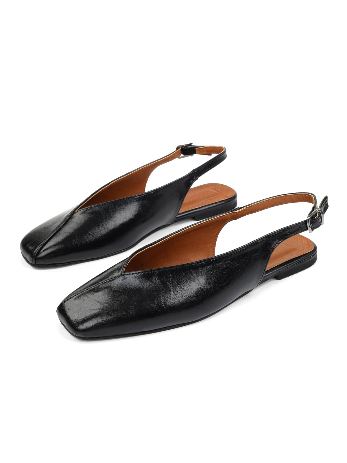 Black Square-Toe Classic Buckle Back Strap Slip-On Flats