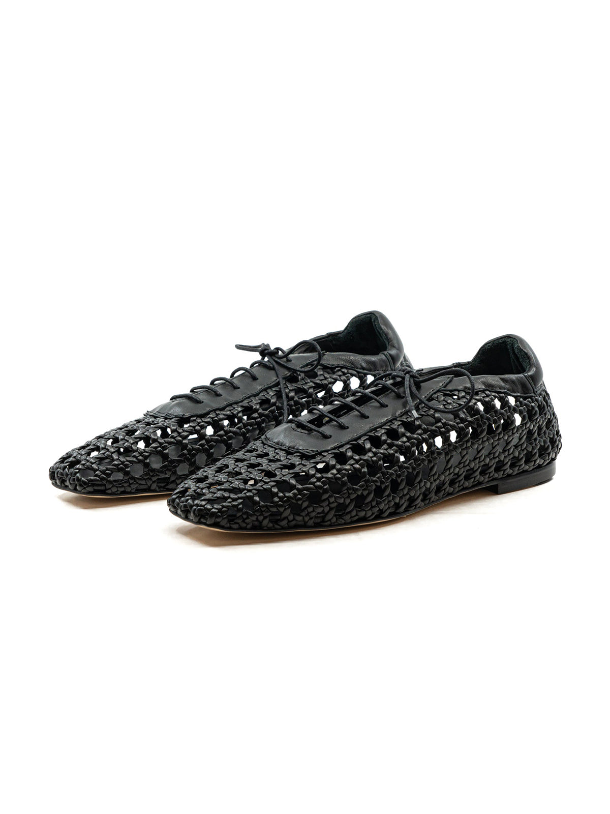 Black Woven Vegan Leather Square-Toe Chic Lace-Up Flats