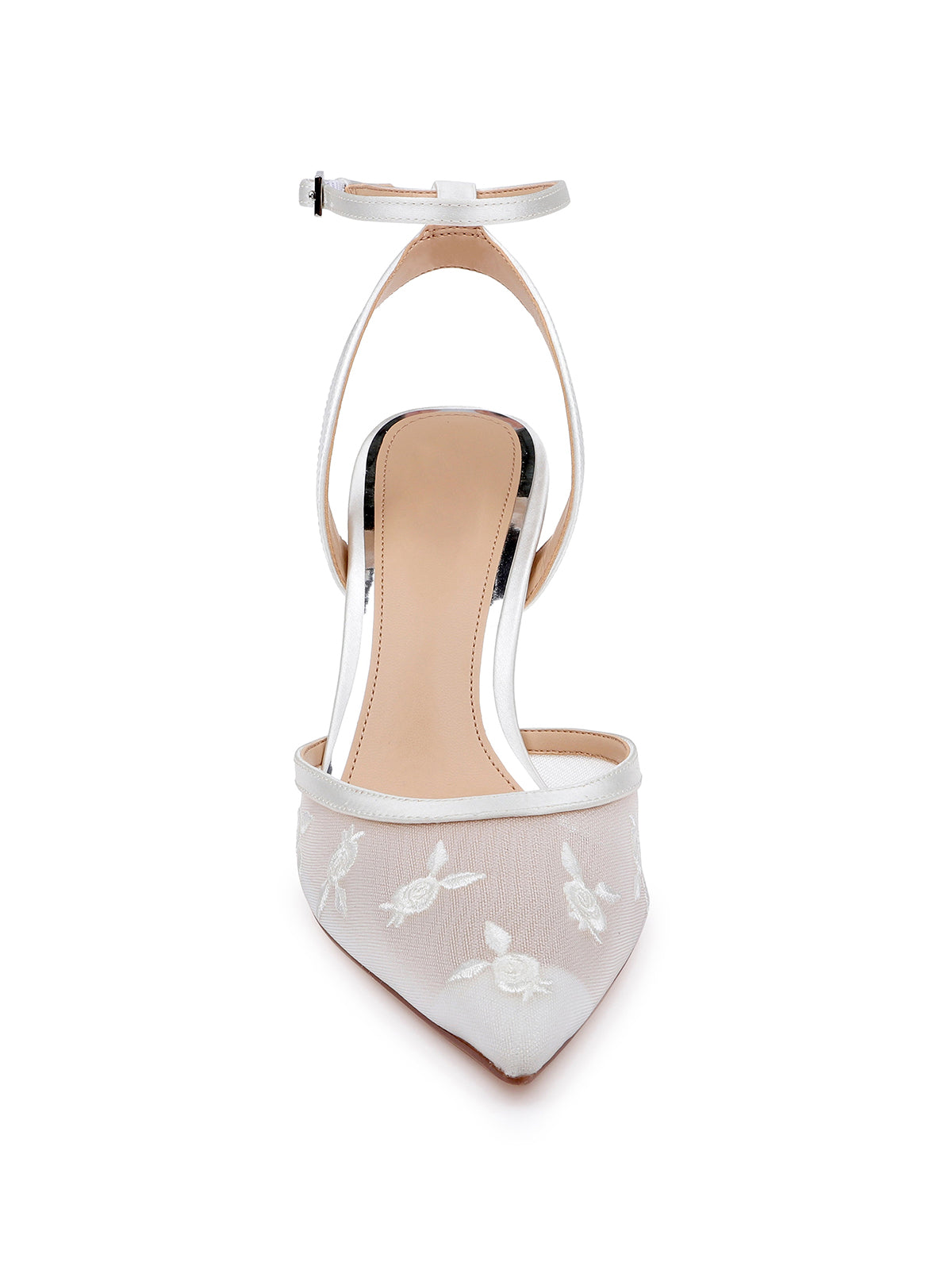 Ivory Mesh And Satin Pointed-Toe Back And Ankle Strap Chic High Heels