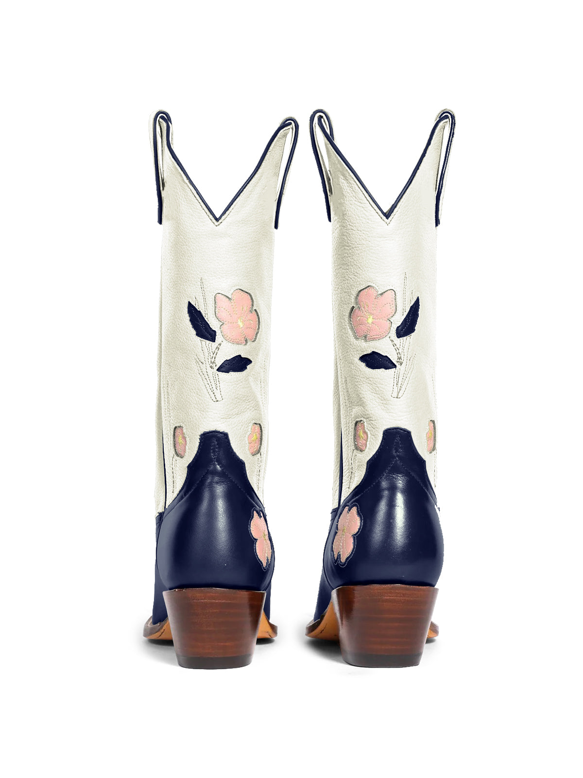 Contrast White And Dark Blue Almond-Toe Fresh Flower Inlay Mid Calf Cowgirl Boots