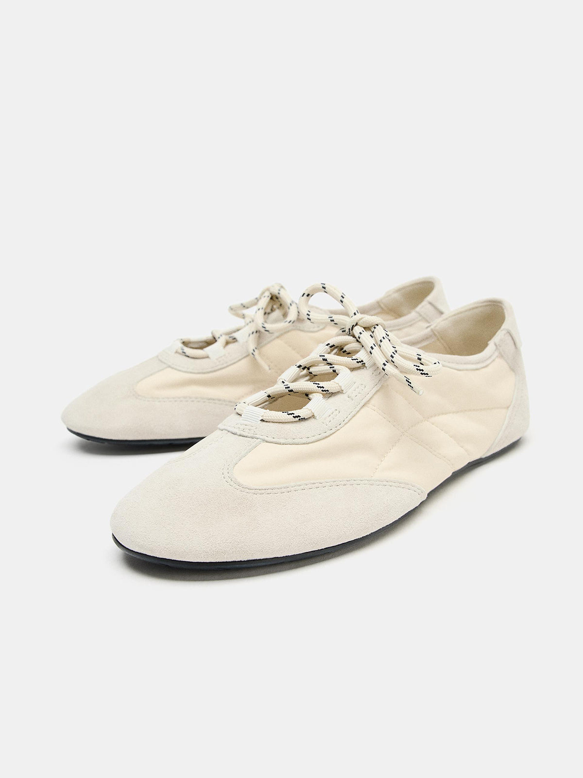 Cream Cow Suede And Satin Round-Toe Lace-Up Classic Sneakers