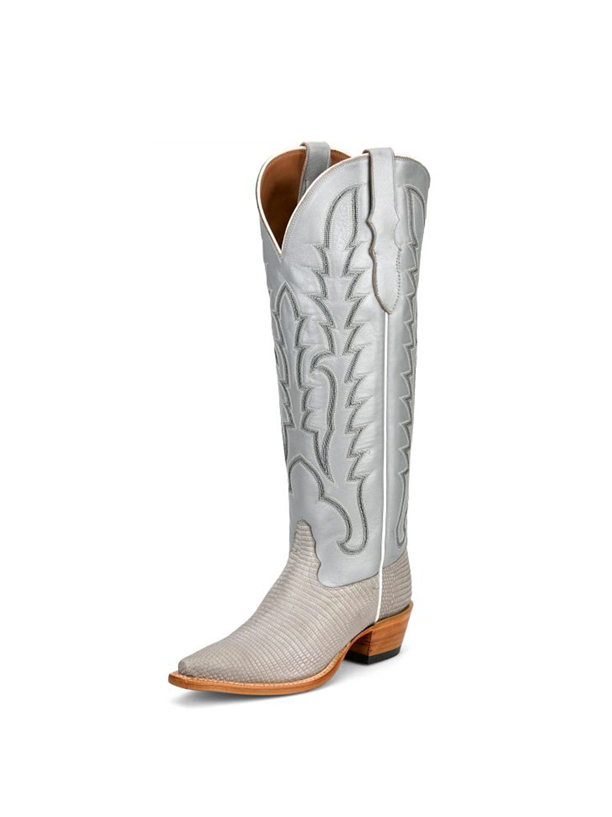 Grey Lizard Print Snip-Toe Western Stitch Knee High Cowgirl Boots