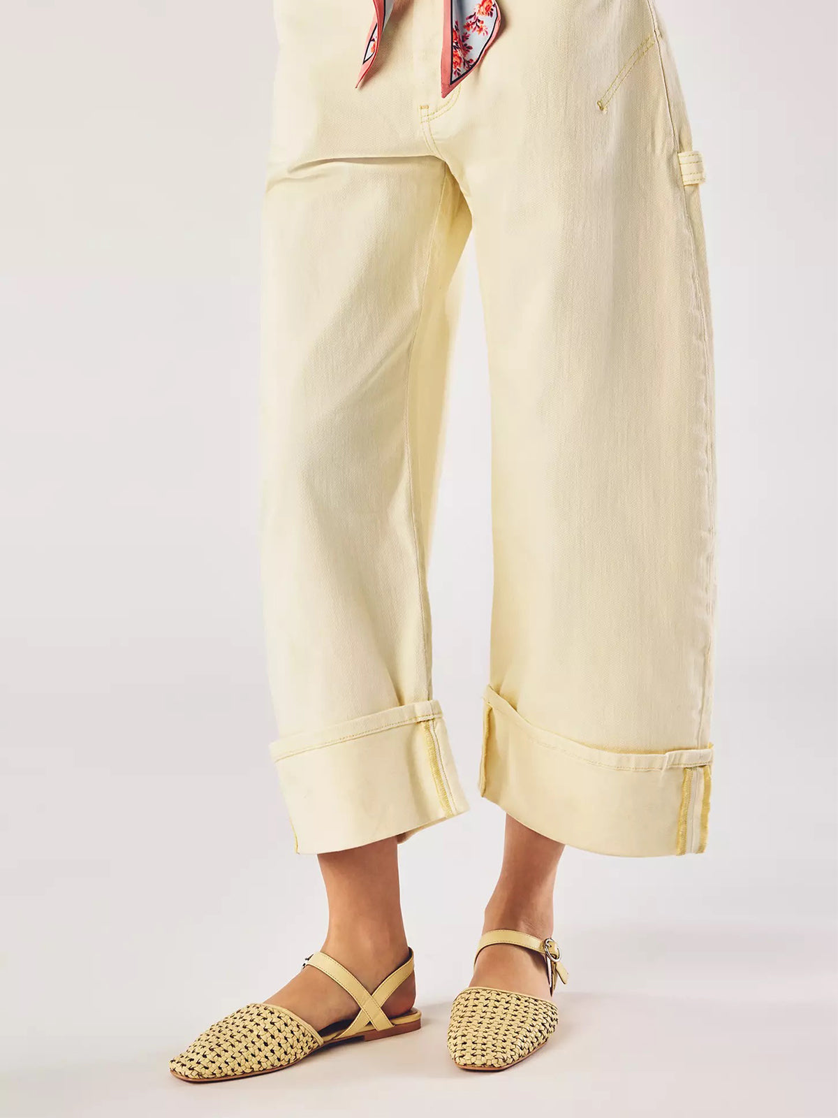 Light Yellow Vegan Leather Woven Square-Toe Ankle Strap Flats