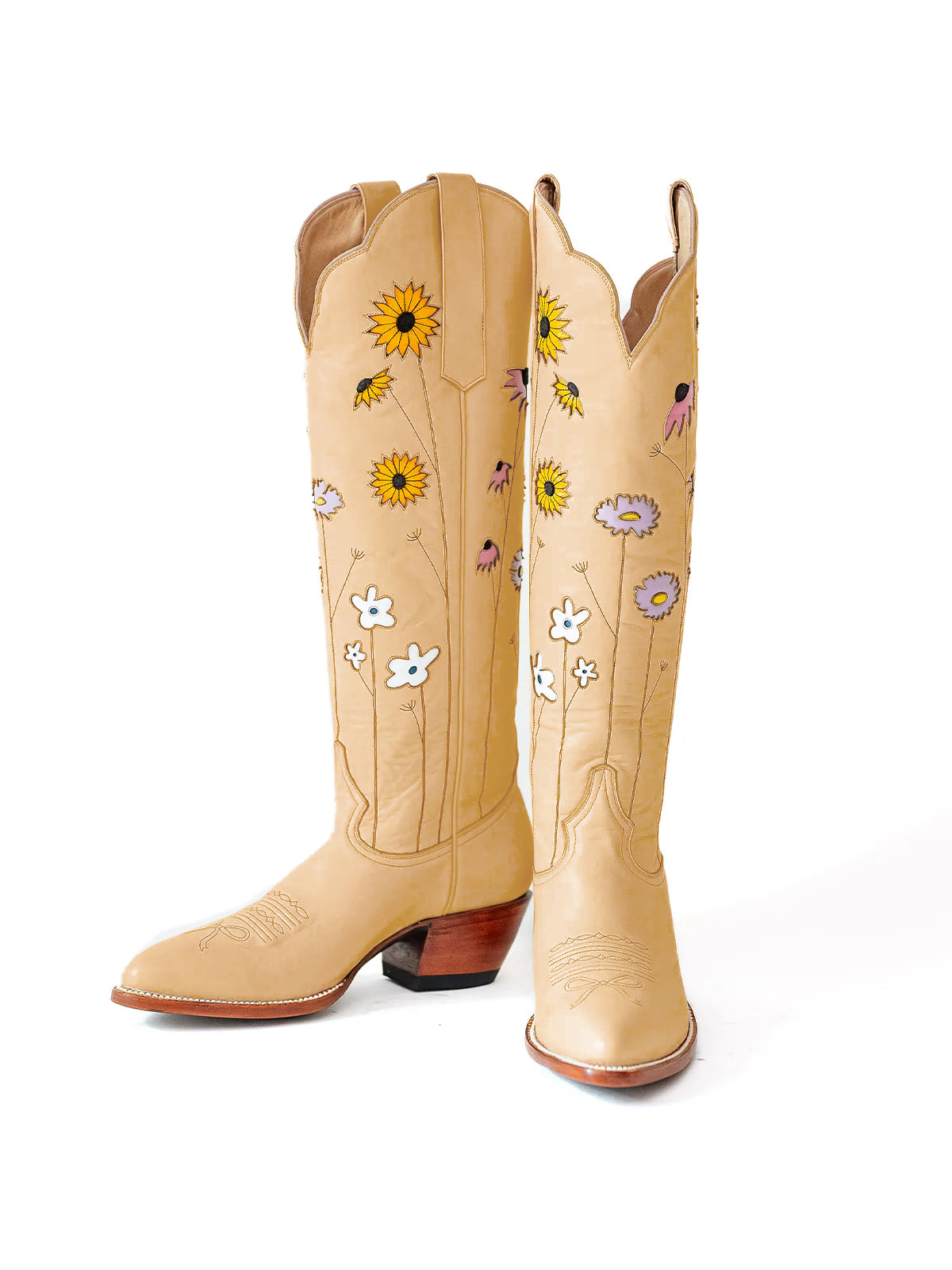 Honey Almond-Toe Colorful Flowers Inlay Wide Calf Knee High Cowgirl Boots