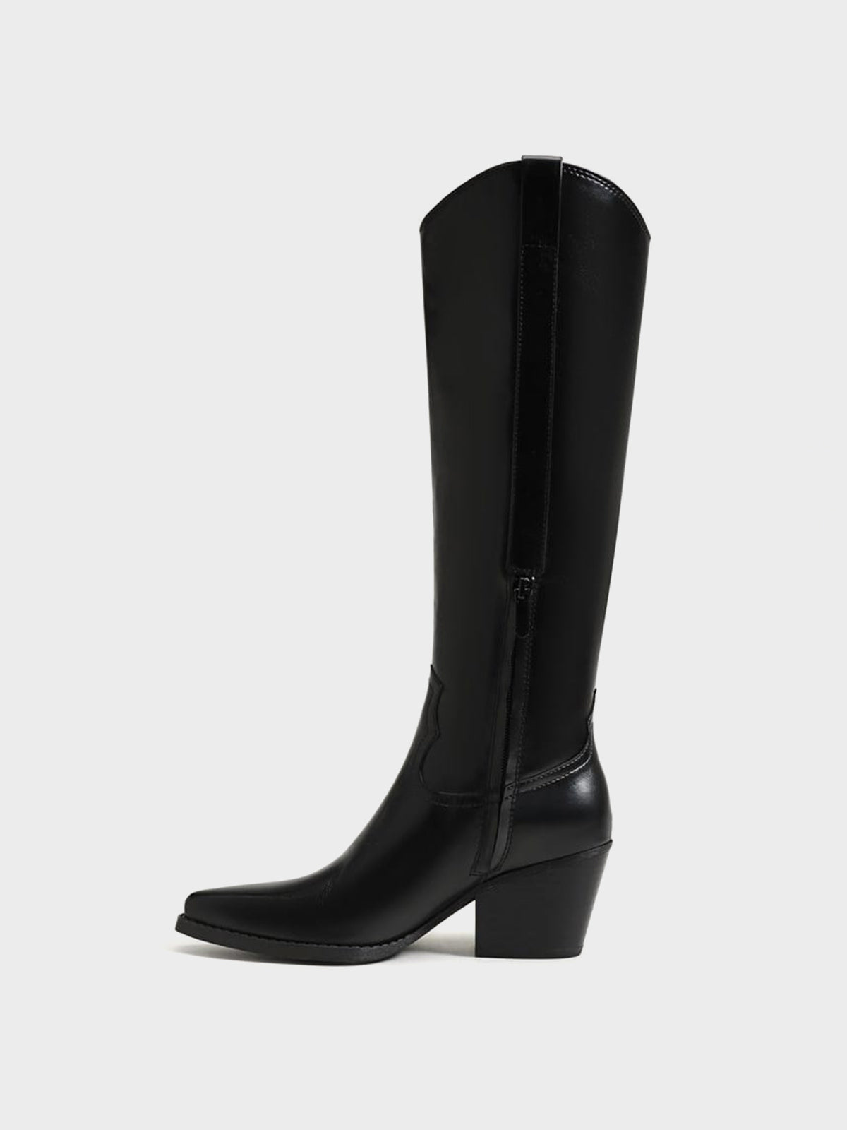 Pointed-Toe Chic Western Half-Zip Knee High Cowgirl Boots - Black