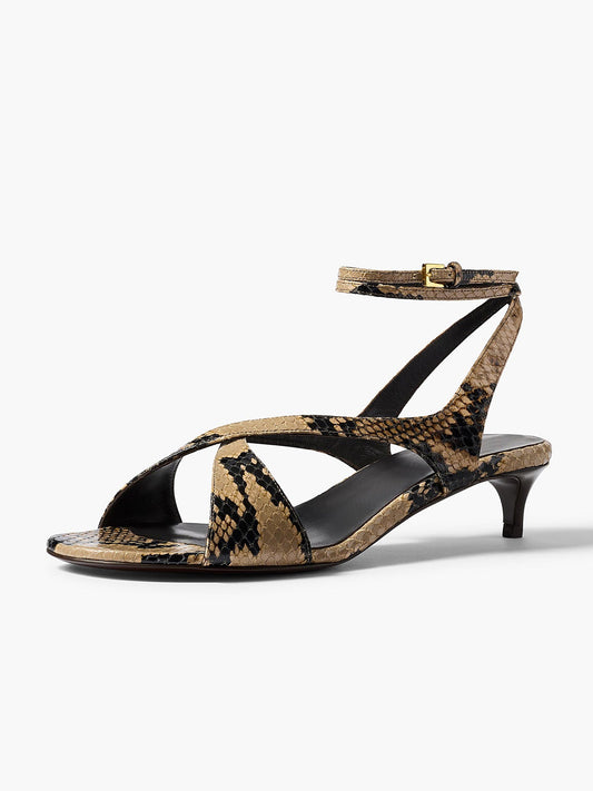 Snakeskin Pattern Square-Toe Crossed Straps Back And Ankle Strap Kitten Heels