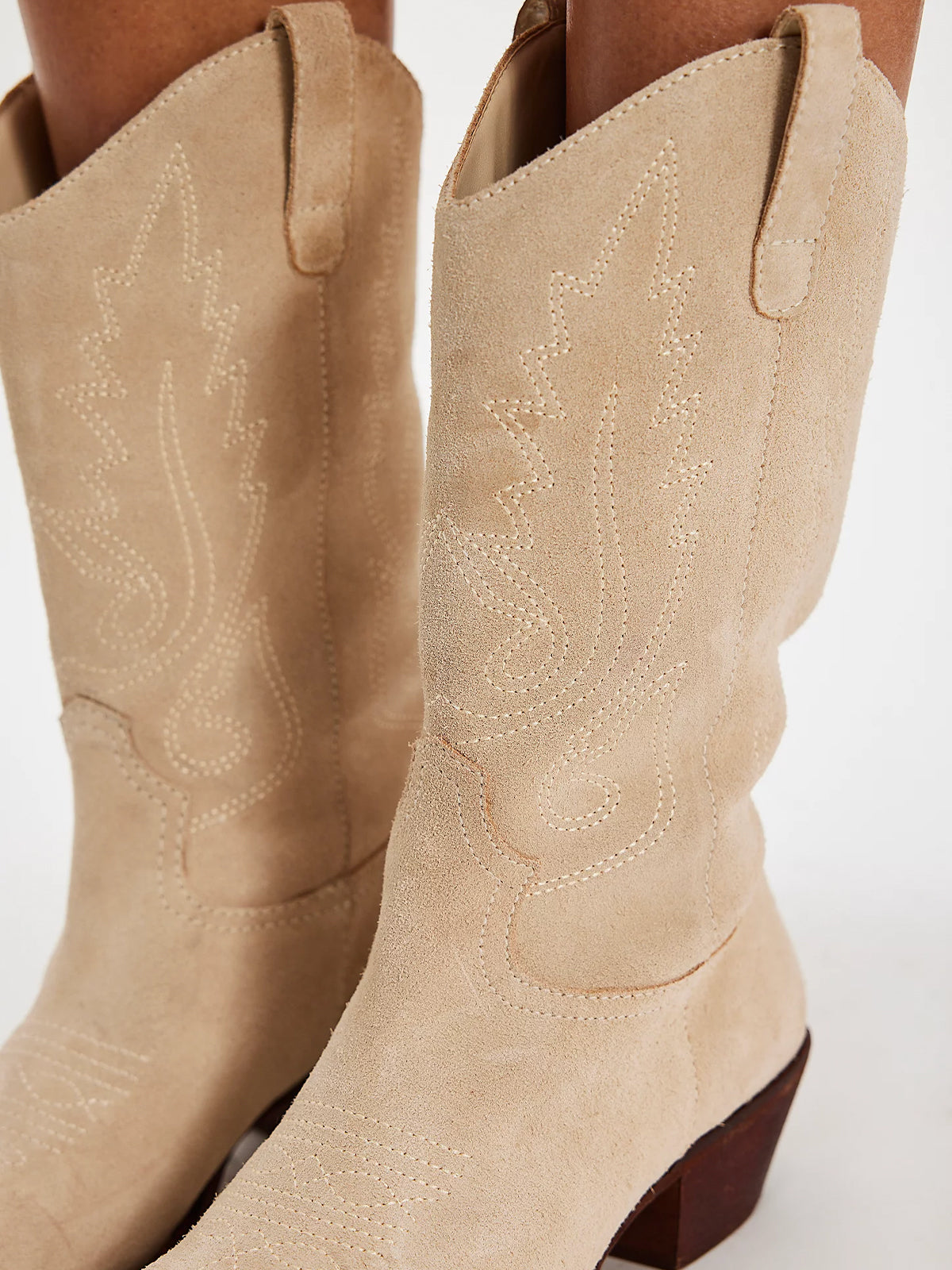 Sand Faux Suede Snip-Toe Classic Stitch Mid Calf Cowgirl Boots