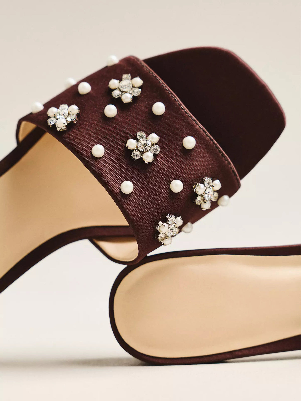 Brown Satin Square-Toe Pearl And Rhinestones Flower Applique Slide Sandals Flats