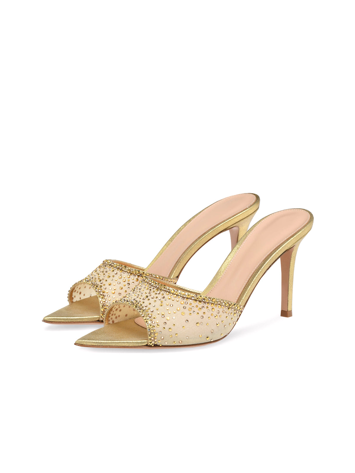 Rhinestones Mesh Open Pointed-Toe Backless Slip-On High Heels – Metallic Gold