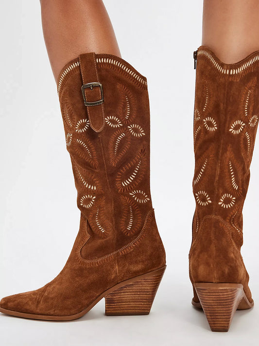 Brown Faux Suede Almond-Toe Leaf Embroidery Full-Zip Mid Calf Cowgirl Boots