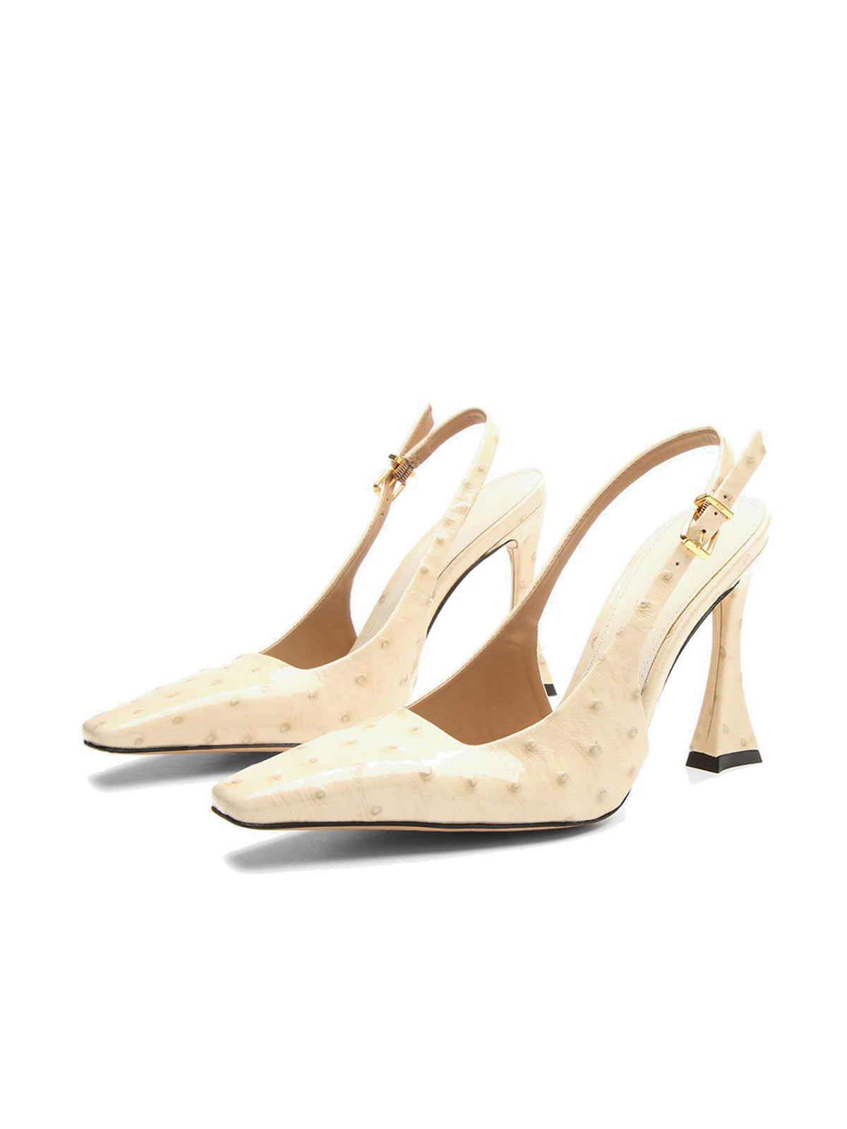 Beige Ostrich Pattern Square-Toe Buckle Back Strap High Heels
