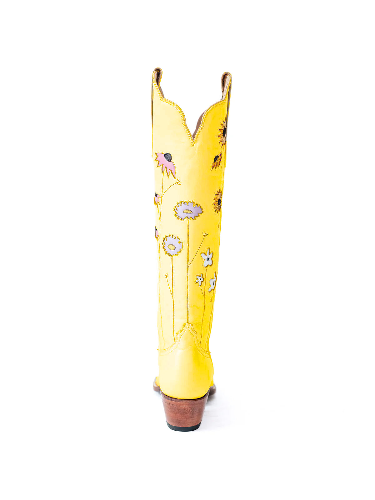 Yellow Almond-Toe Colorful Flowers Inlay Wide Calf Knee High Cowgirl Boots