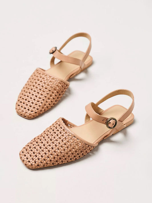 Tan Vegan Leather Woven Square-Toe Ankle Strap Flats
