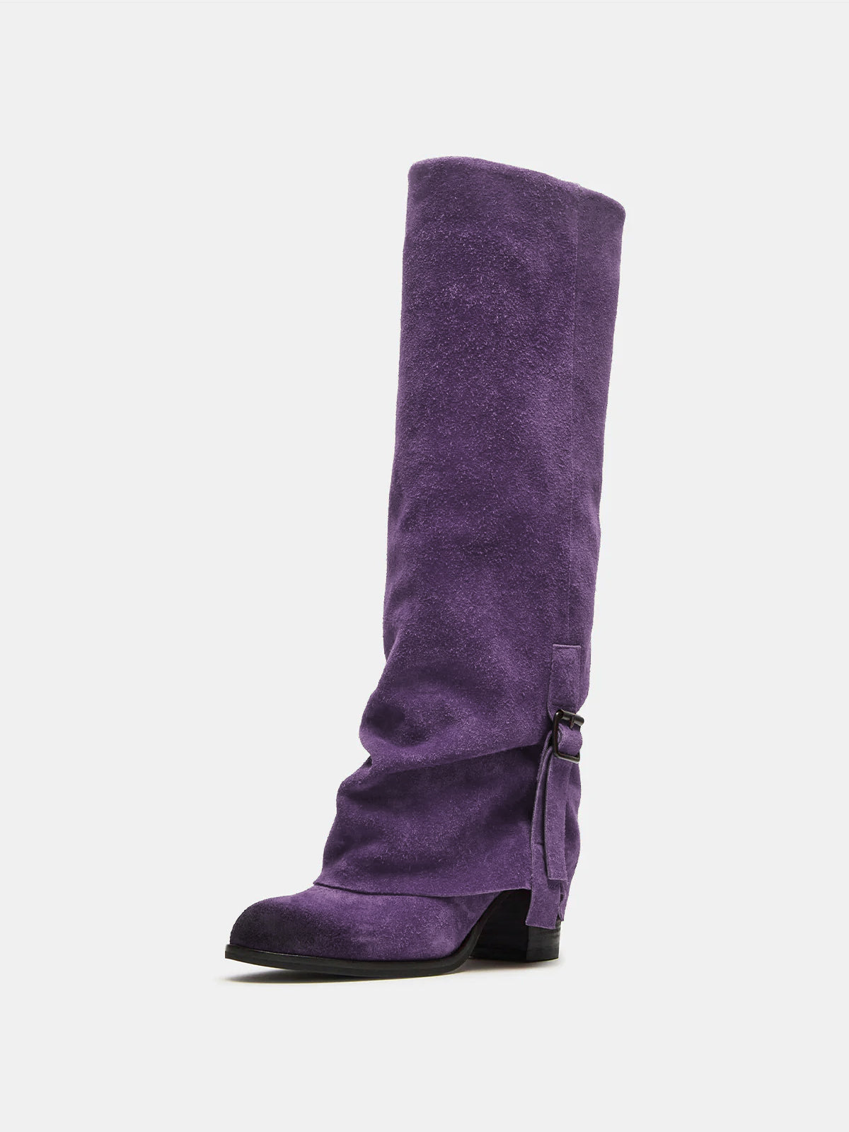 Lavender Faux Suede Round-Toe Fold-Over Adjustable Buckle Knee High Cowgirl Boots