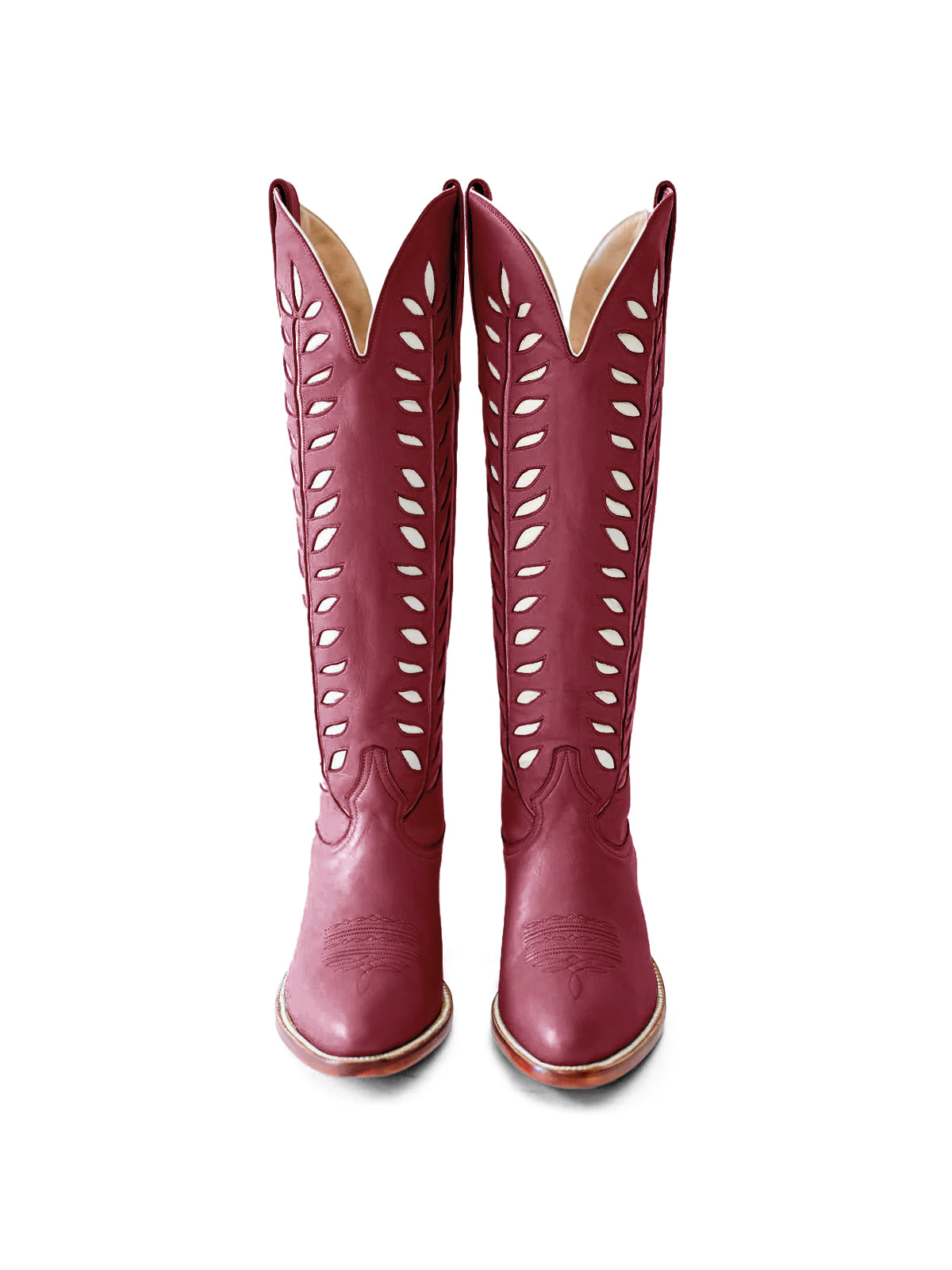 Широки каубойски ботуши с инкрустация от бели листа и бадемови пръсти - виненочервени