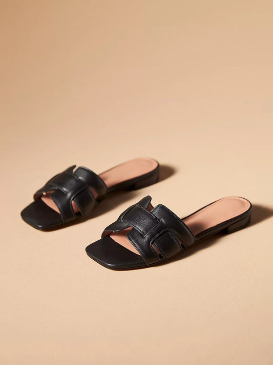 Black Square-Toe Slip-On Sandals