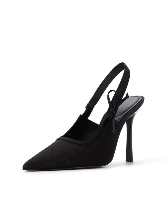 Black Satin Pointed-Toe Slingback With Bow High Heels
