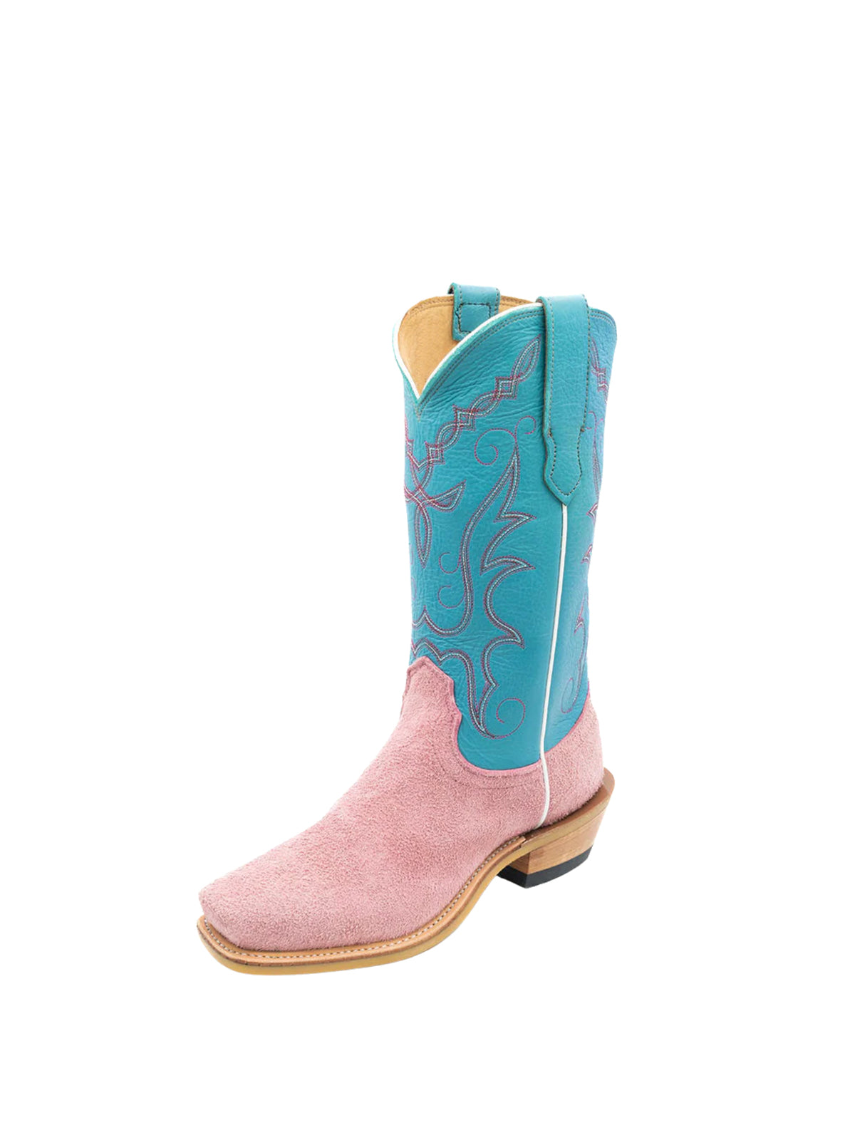Contrast Pink And Turquoise Square-Toe Classic Embroidery Mid Calf Cowgirl Boots