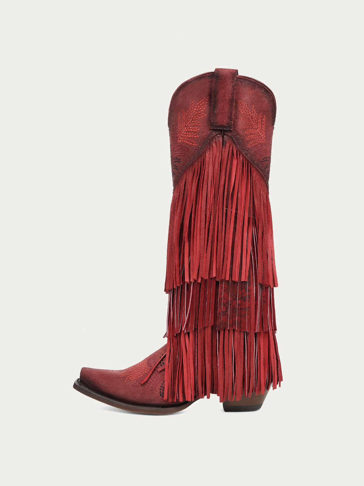 Red Faux Suede Snip-Toe Chic Fringe And Embroidery Full-Zip Knee High Cowgirl Boots