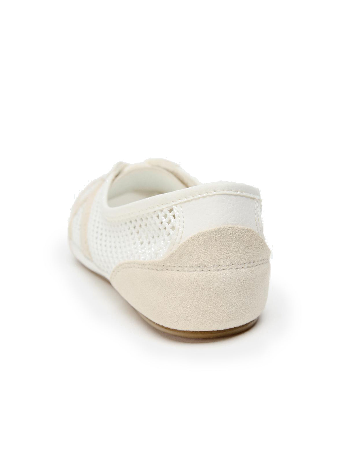 White Faux Suede And Mesh Round-Toe Lace-Up Flats Sneakers