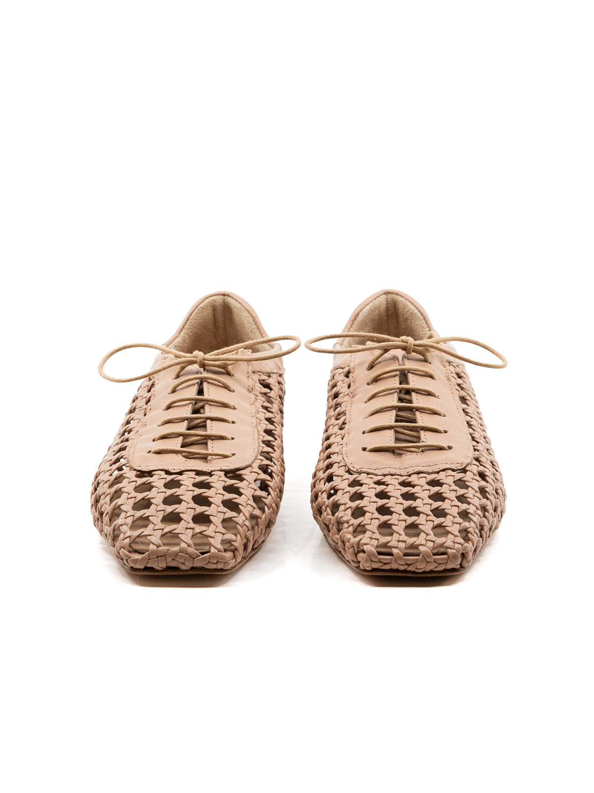 Nude Woven Vegan Leather Square-Toe Chic Lace-Up Flats