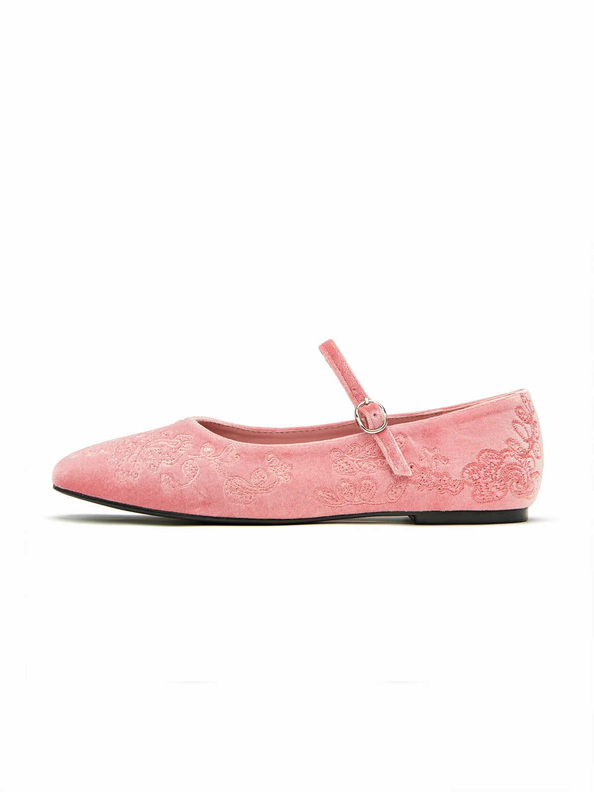 Pink Velvet Square-Toe Chic Mary Jane Ballet Flats