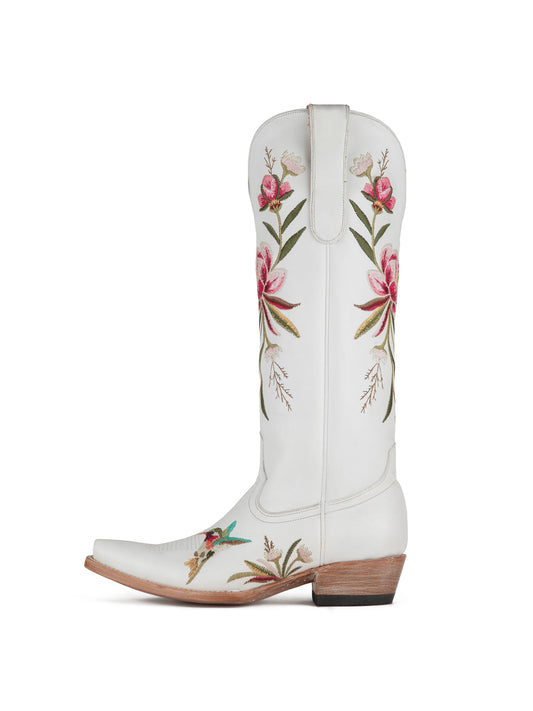 White Snip-Toe Vivid Flowers And Bird Embroidery Wide Calf Knee High Cowgirl Boots