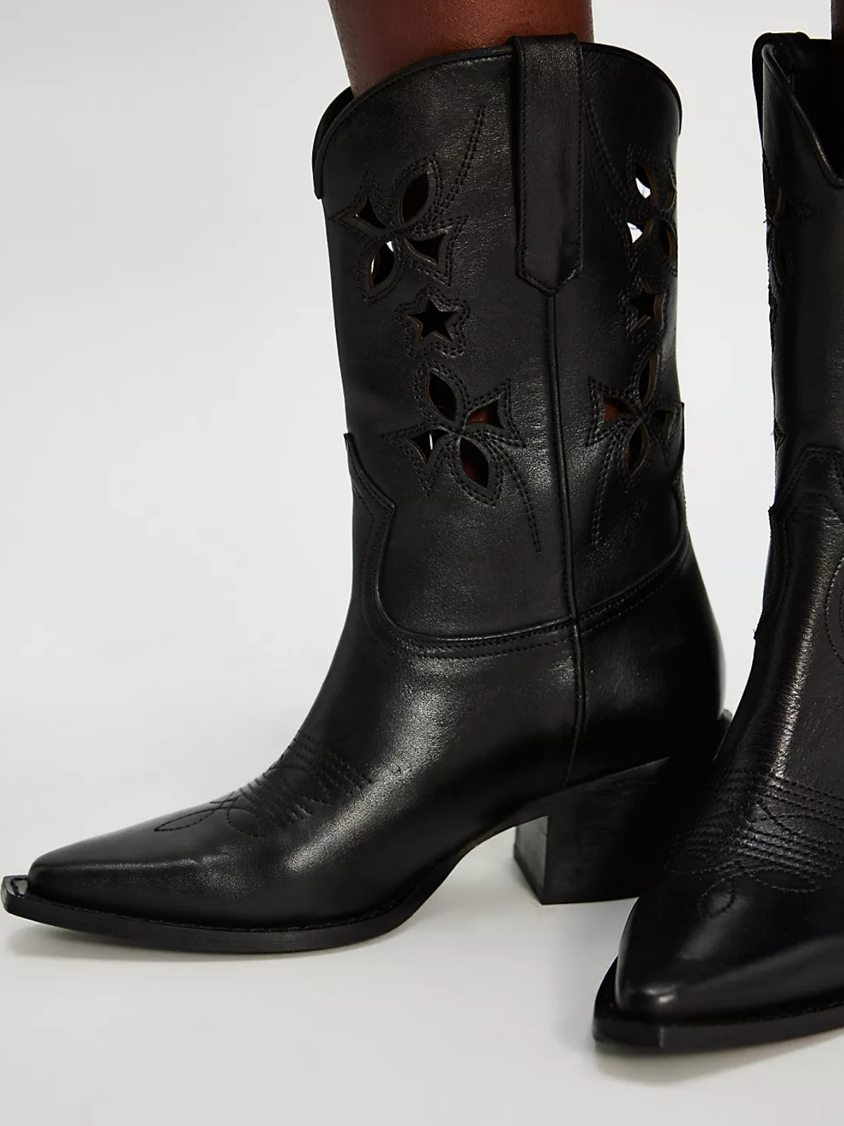 Black Cutout Embroidery Pointed-Toe Wide Mid Calf Cowgirl Boots