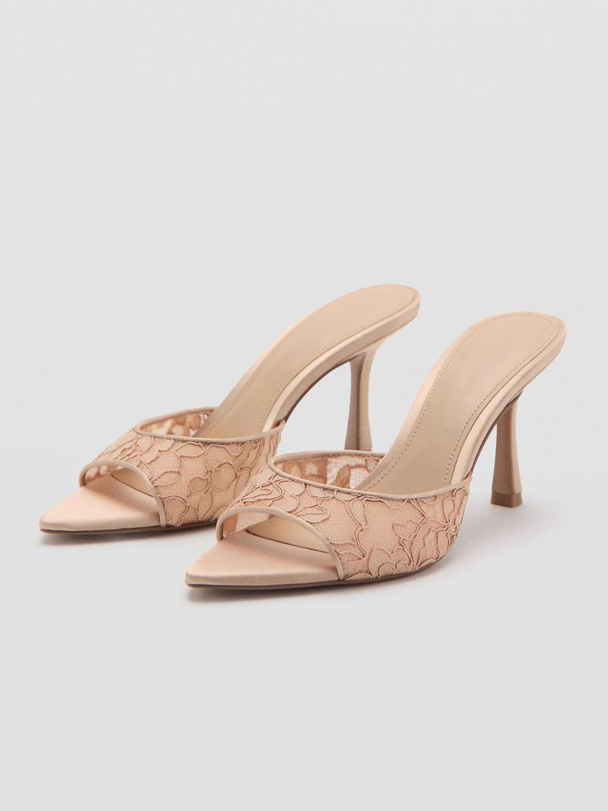 Nude Lace Mesh And Vegan Leather Pointed-Toe Backless Slip-On High Heels