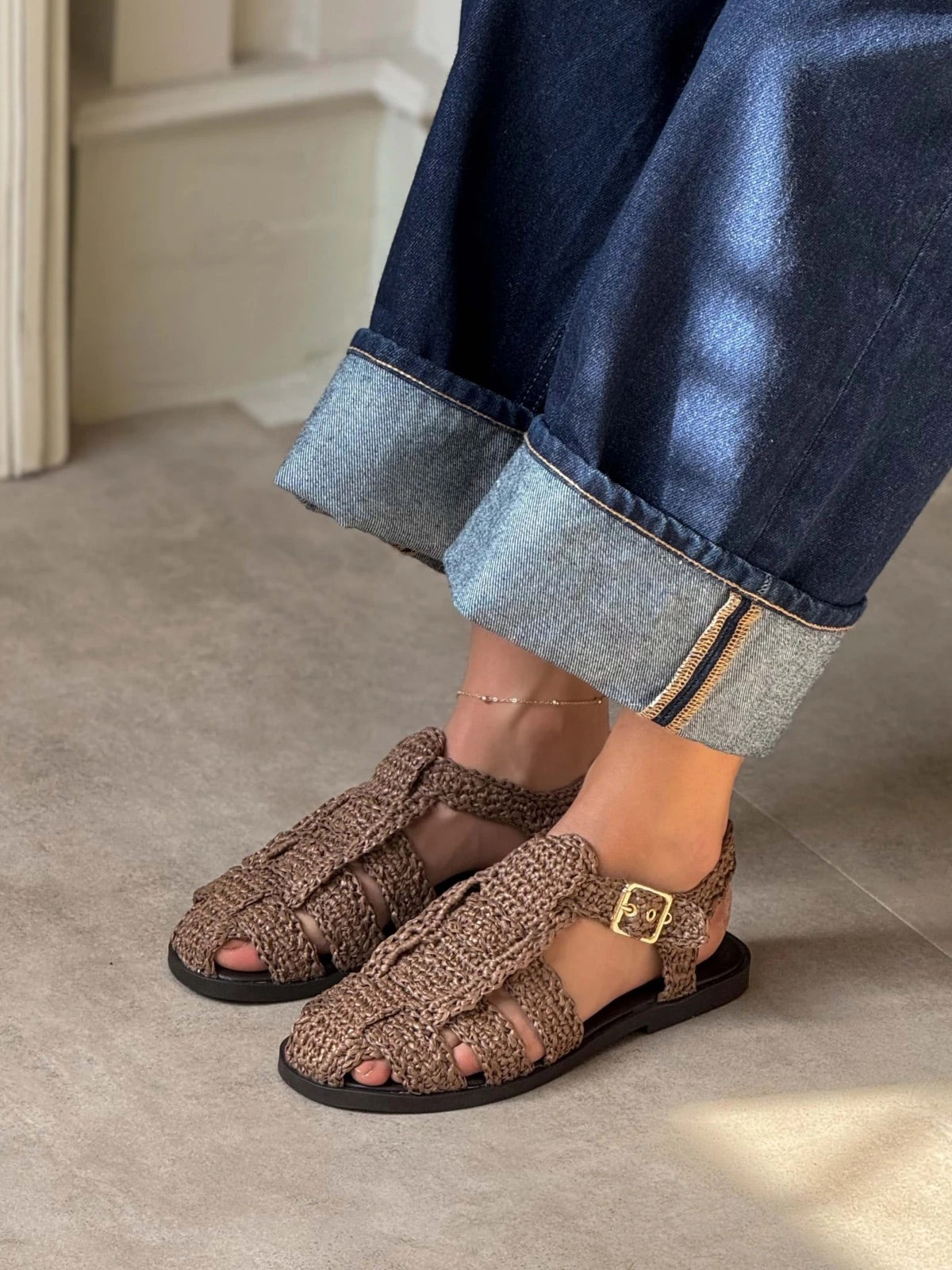 Green Grass Woven Round-Toe Caged Detail Buckle Strap Flats