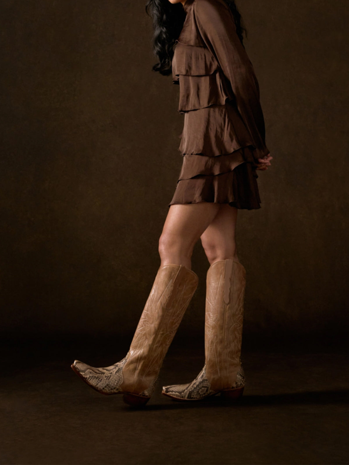 Sand Vegan Leather And Snakeskin Pattern Snip-Toe Embroidery Wide Calf Knee High Cowgirl Boots