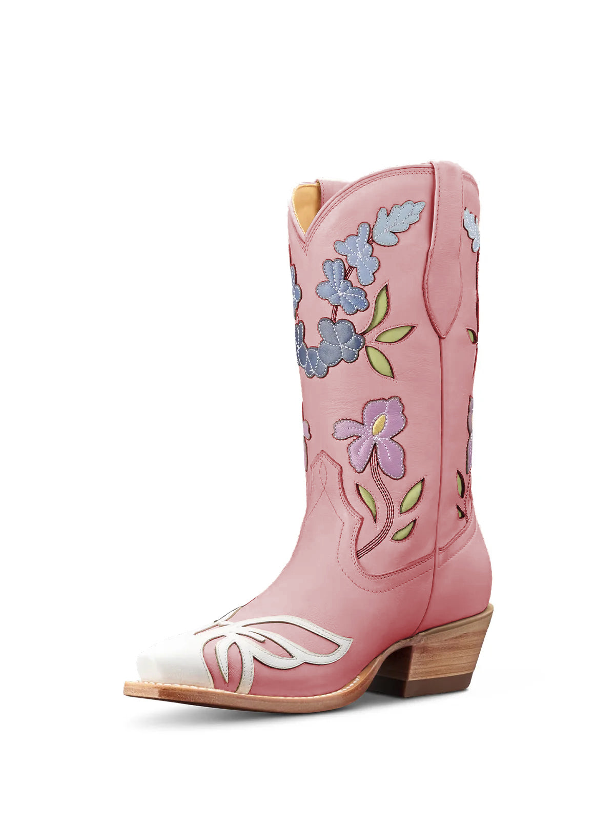 Pink Snip-Toe Flower Applique Mid Calf Pull On Cowgirl Boots