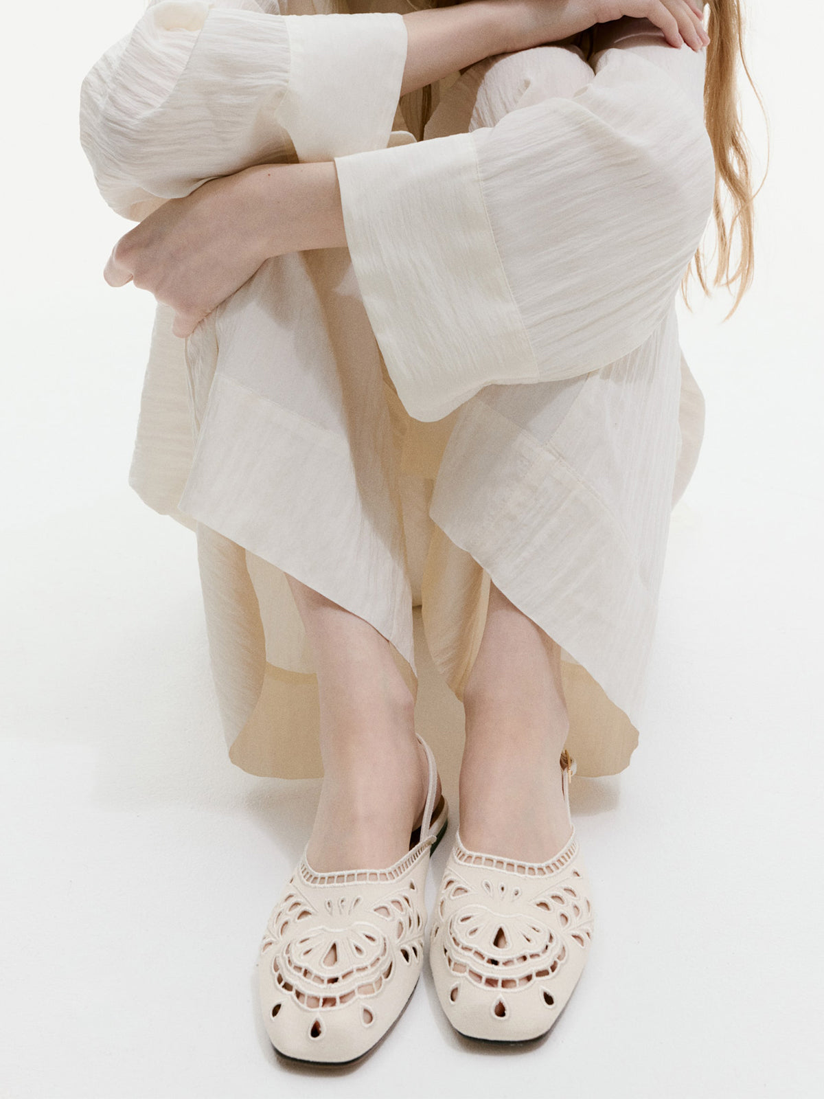 Cream Canvas Square-Toe Cutout Detail Slingback Flats