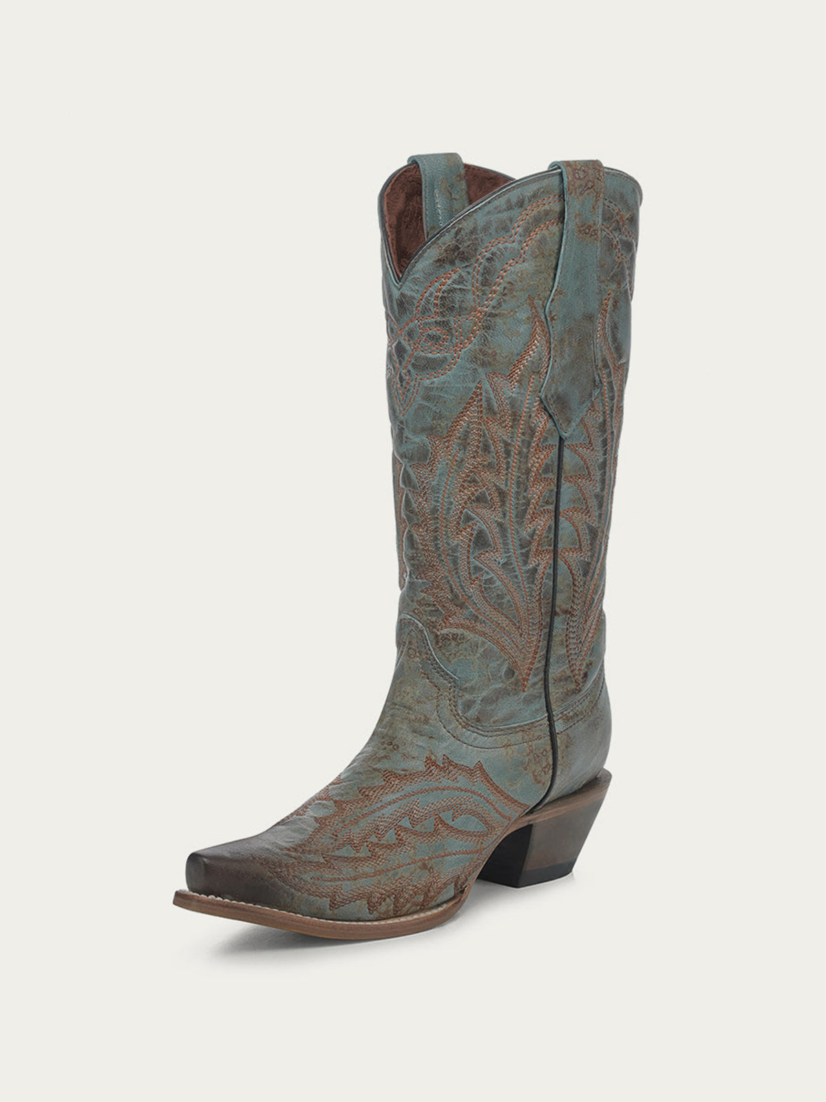 Distressed Turquoise Snip-Toe Vintage Embroidery Mid Calf Cowgirl Boots