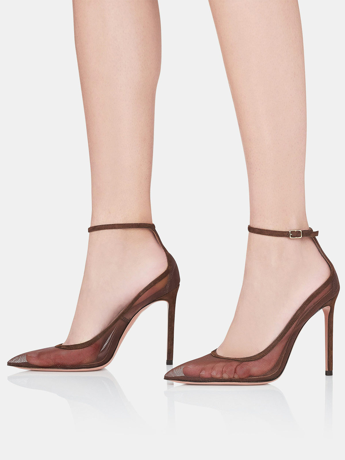 Brown Mesh Pointed-Toe High Heels Pumps With Ankle Strap