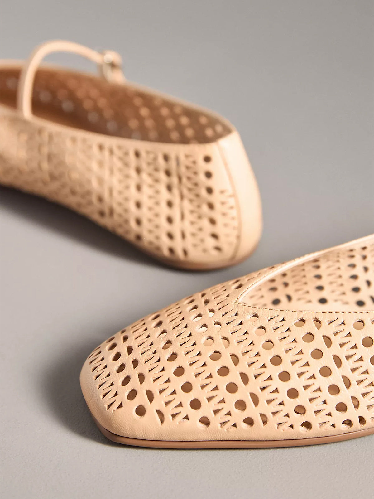 Beige Square-Toe Bridge Strap Eyelet Mary Jane Flats