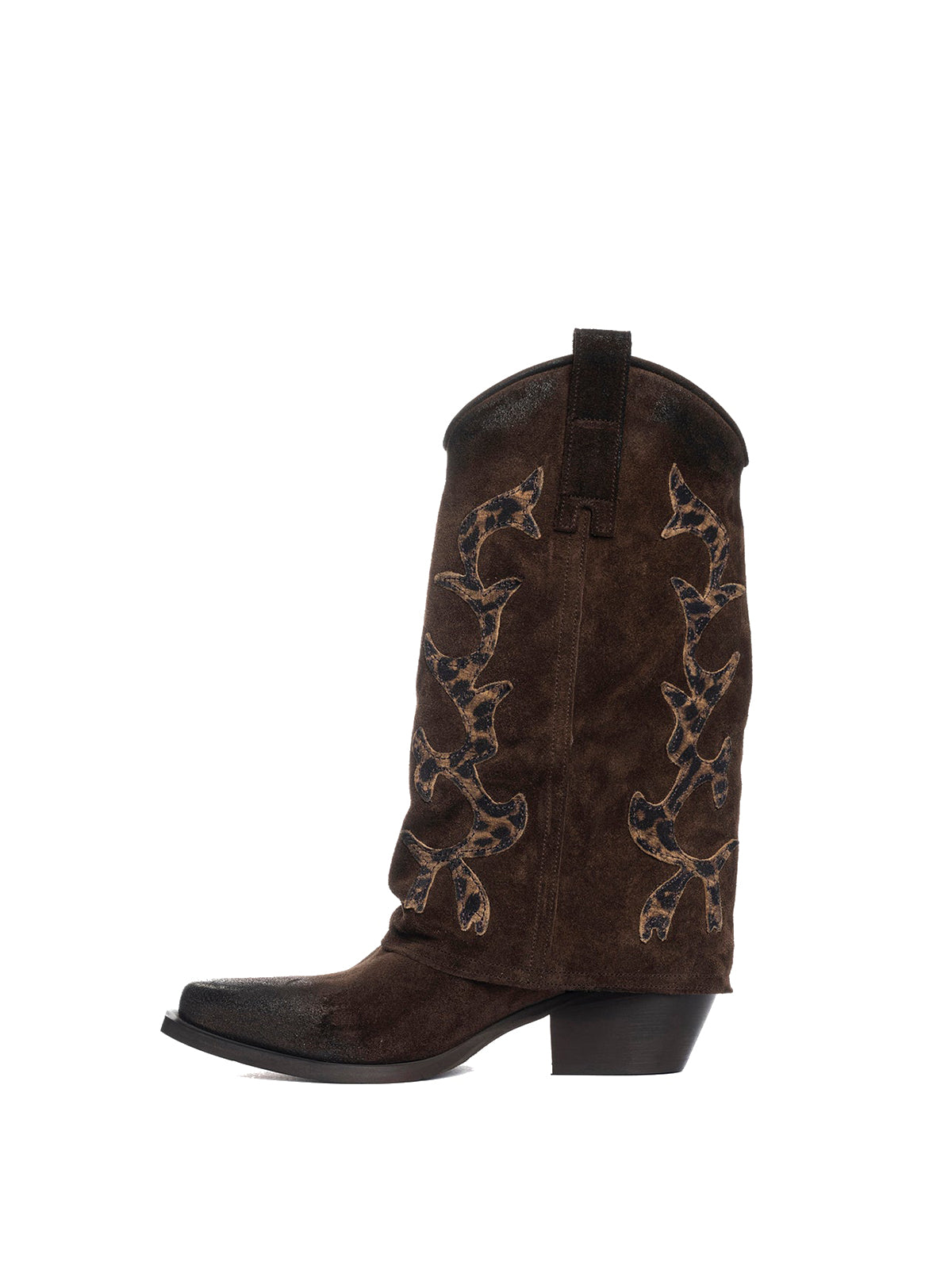 Dark Brown Faux Suede Snip-Toe Leopard Applique Fold-Over Mid Calf Cowgirl Boots