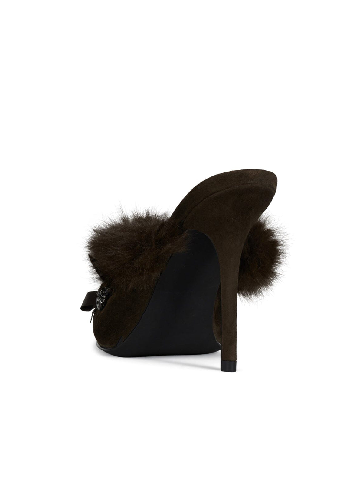 Brown Faux Suede Pointed-Toe Plush Detail Backless High Heels