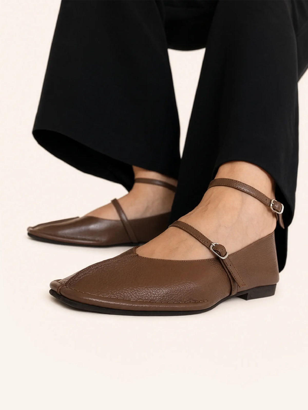 Dark Brown Square-Toe Buckle Middle And Ankle Strap Chic Flats