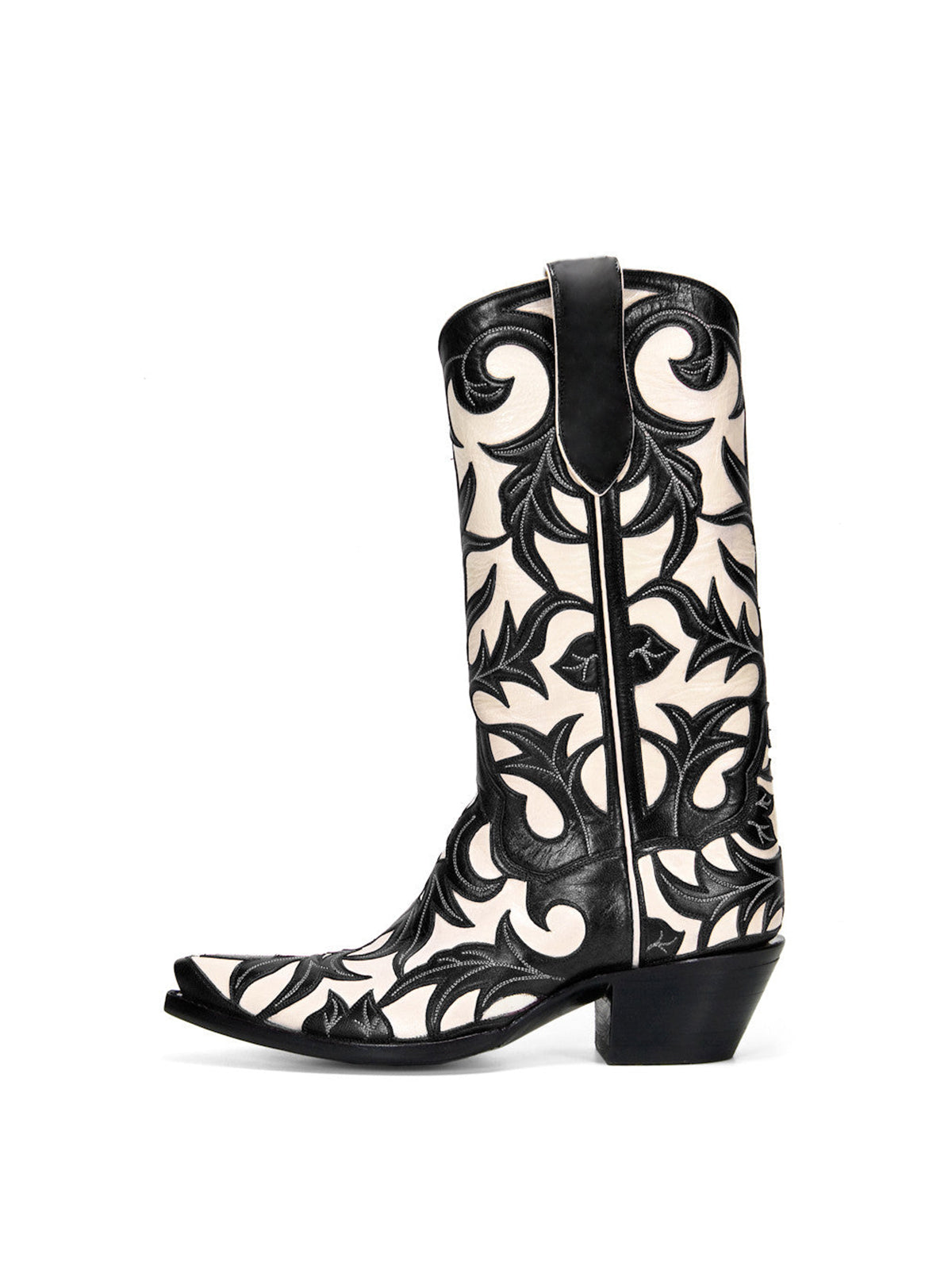 Contrast White And Black Snip-Toe Decorative Inlay Mid Calf Cowgirl Boots