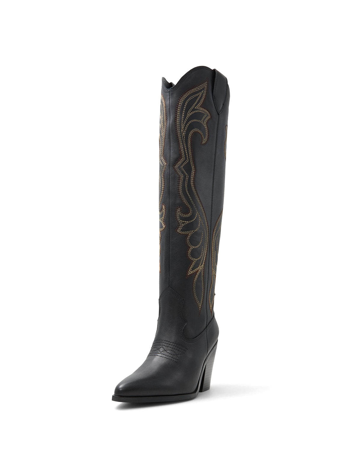 Black Pointed-Toe Embroidery Classic Half-Zip Knee High Cowgirl Boots
