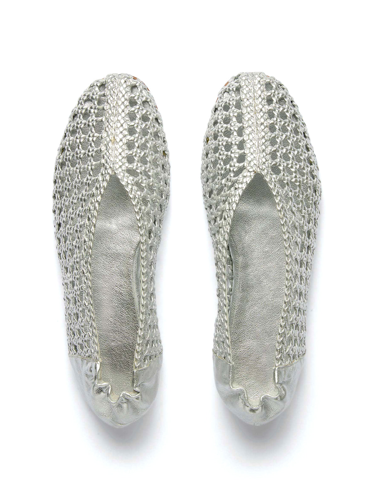 Metallic Silver Woven Vegan Leather Chic Round-Toe Slip-On Ballet Flats