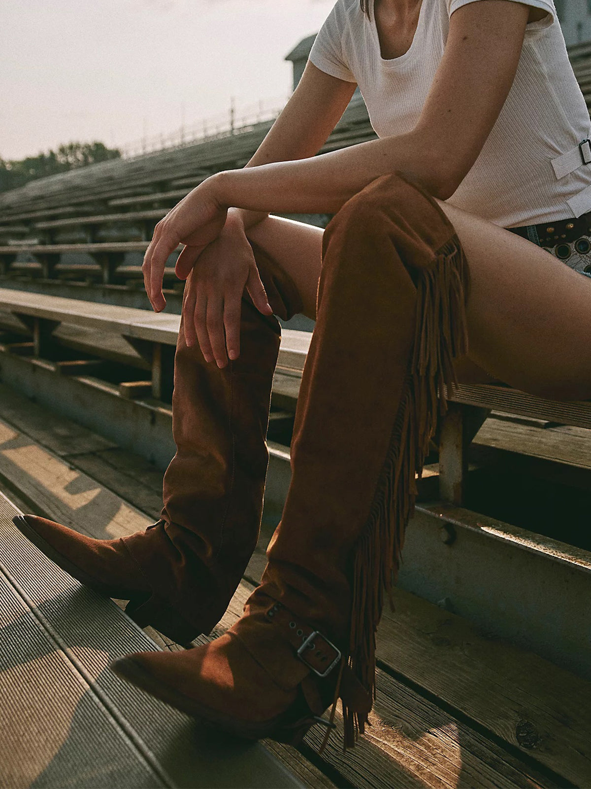 Tan Faux Suede Pointed-Toe Side Fringe Buckle Strap Over-The-Knee Cowgirl Boots