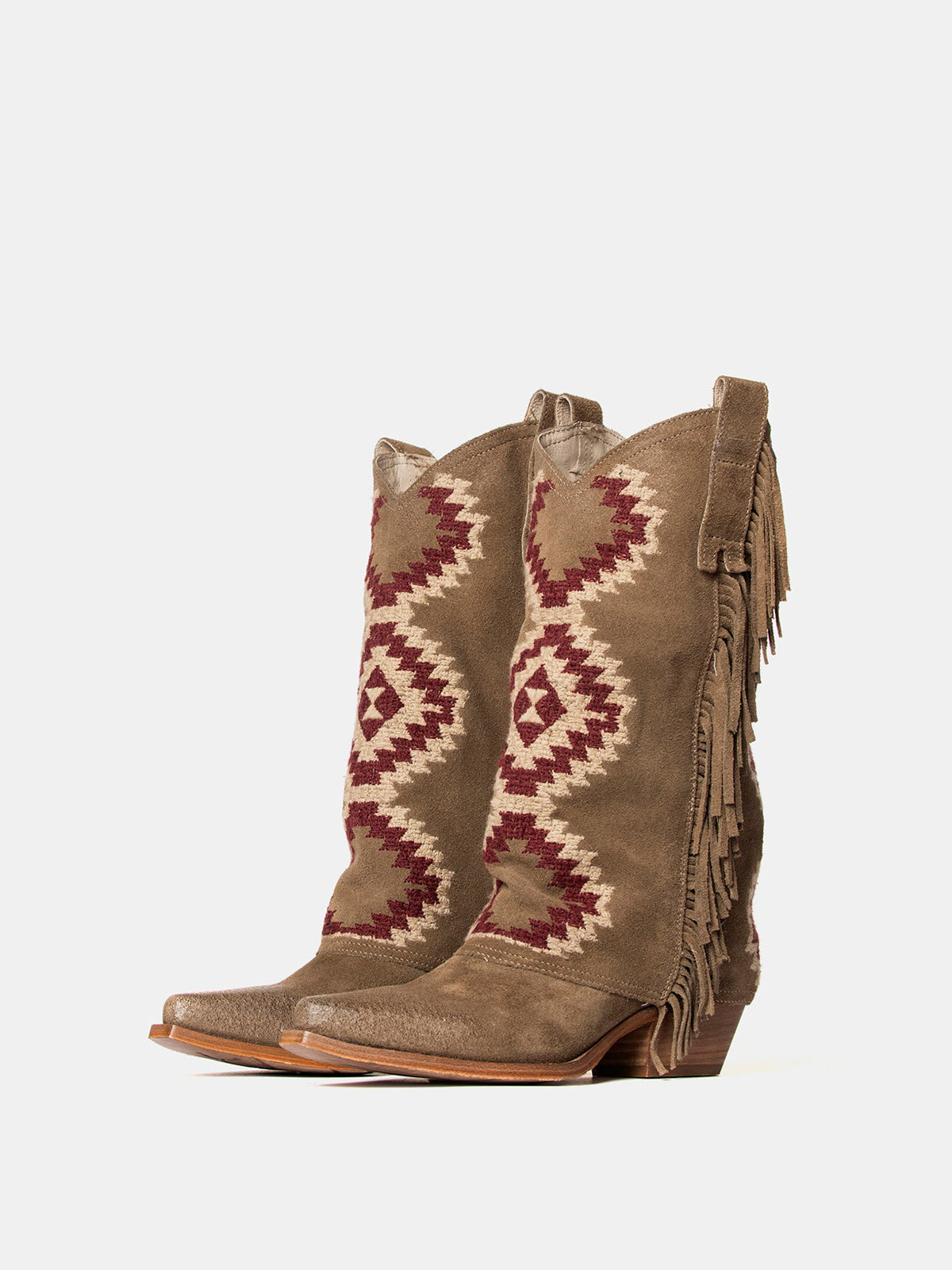 Side Fringe Snip-Toe Embroidery Fold-Over Mid Calf Cowgirl Boots - Tan Faux Suede