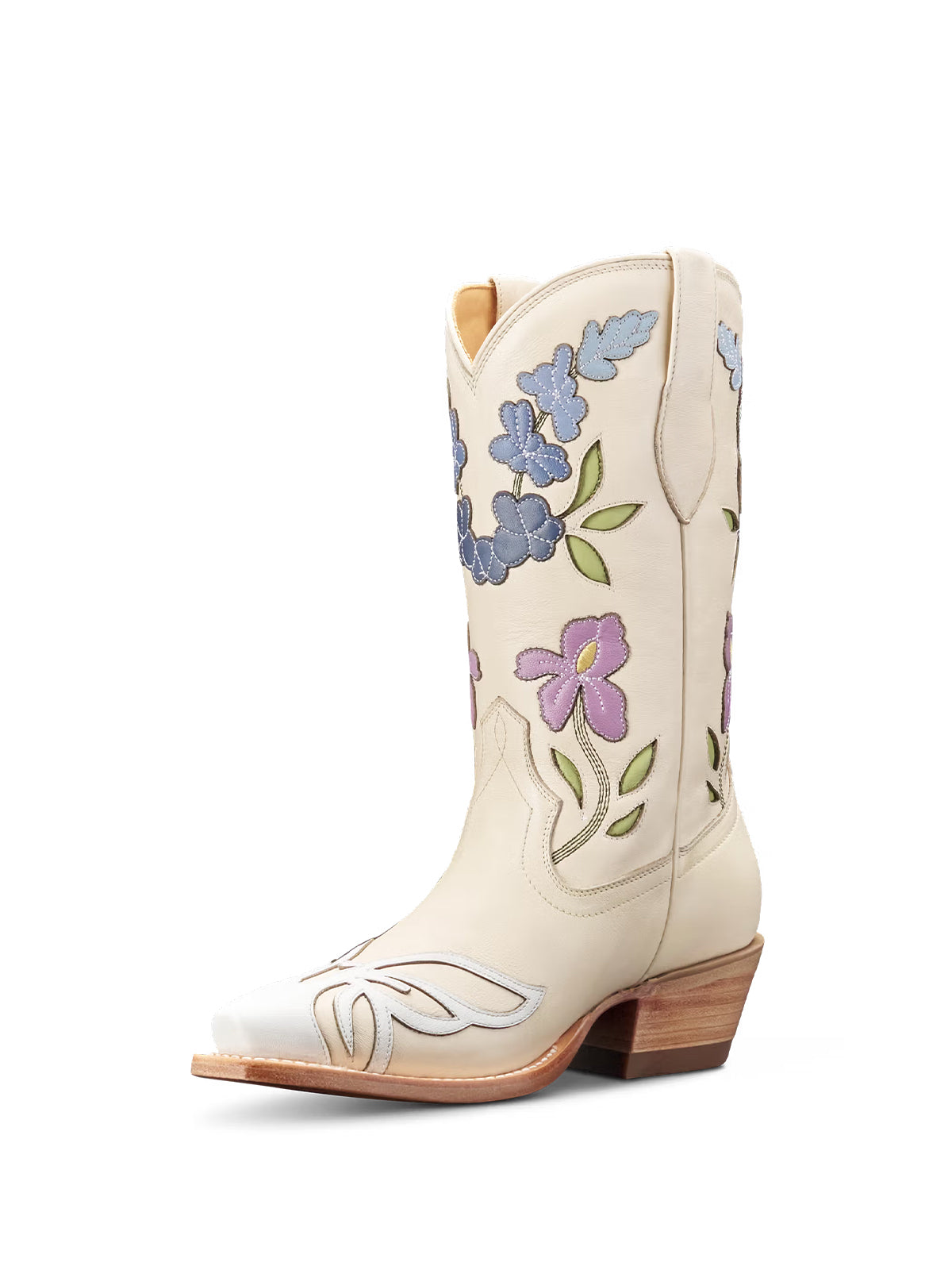 Bone Snip-Toe Flower Applique Mid Calf Pull On Cowgirl Boots