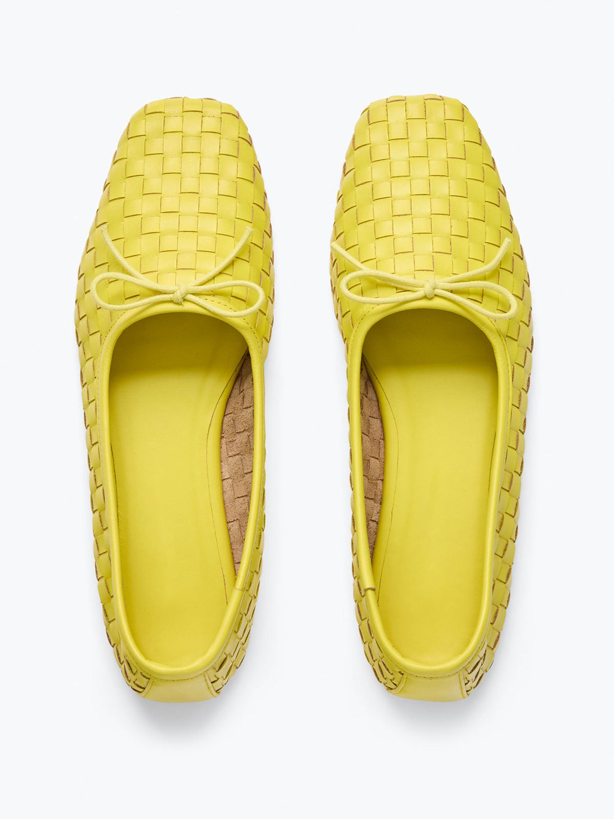 Woven Vegan Leather Square-Toe Front Bow Slip-On Ballet Flats - Yellow